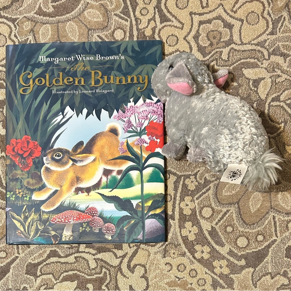 The Golden Bunny by Margaret Wise Brown with a Gray Stuffed Bunny Rabbit